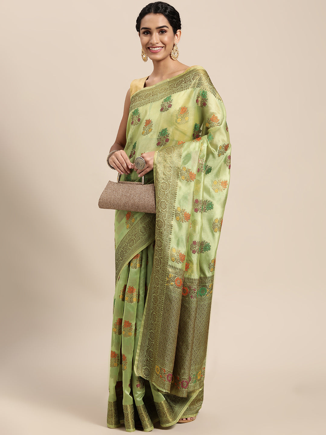 Mitera Green & Gold-Toned Ethnic Motifs Zari Organza Saree - Distacart