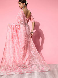Thumbnail for Saree Mall Pink Floral Embroidered Organza Saree - Distacart