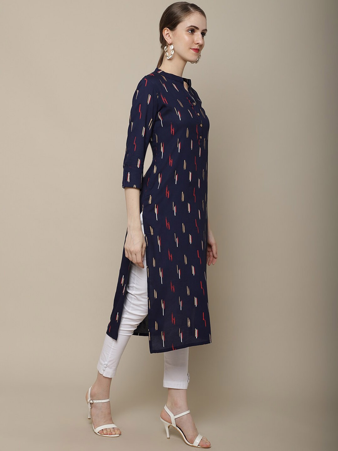 Sangria Women Navy Blue & Red Pure Cotton Geometric Printed Kurta - Distacart