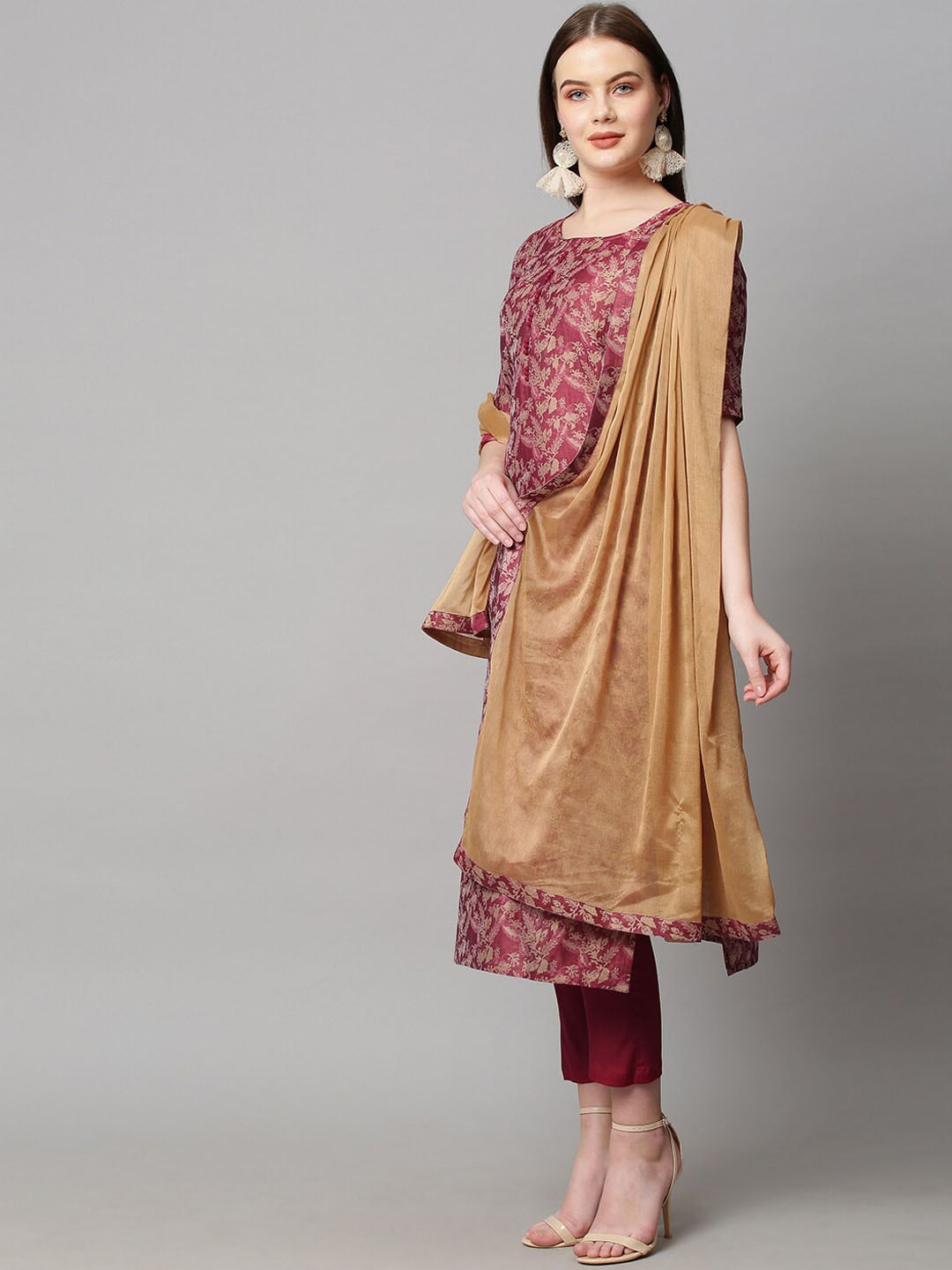 Kalini Women Red Floral Woven Kurta with Trousers & Dupatta - Distacart