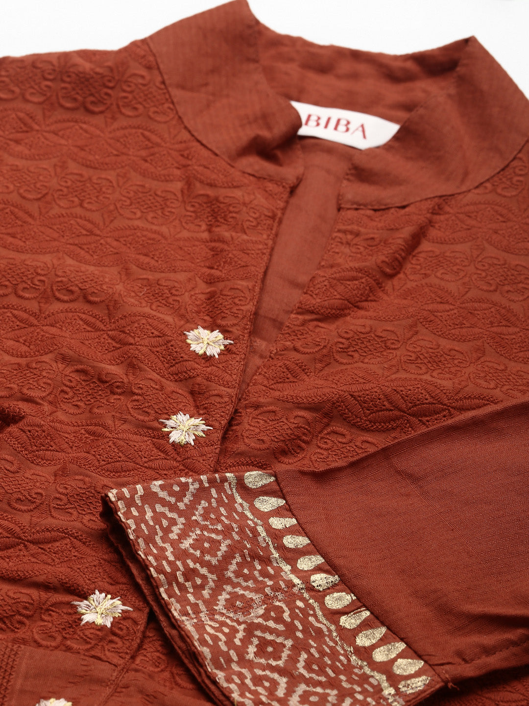 Biba Women Rust Brown & Golden Pure Cotton Printed Kurta with Leggings & Dupatta - Distacart