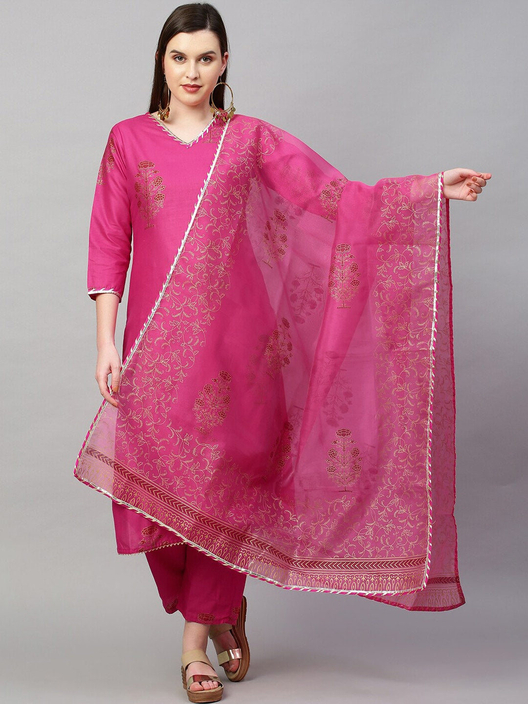 Kalini Women Pink Floral Printed Gotta Patti Kurta with Trousers & With Dupatta - Distacart