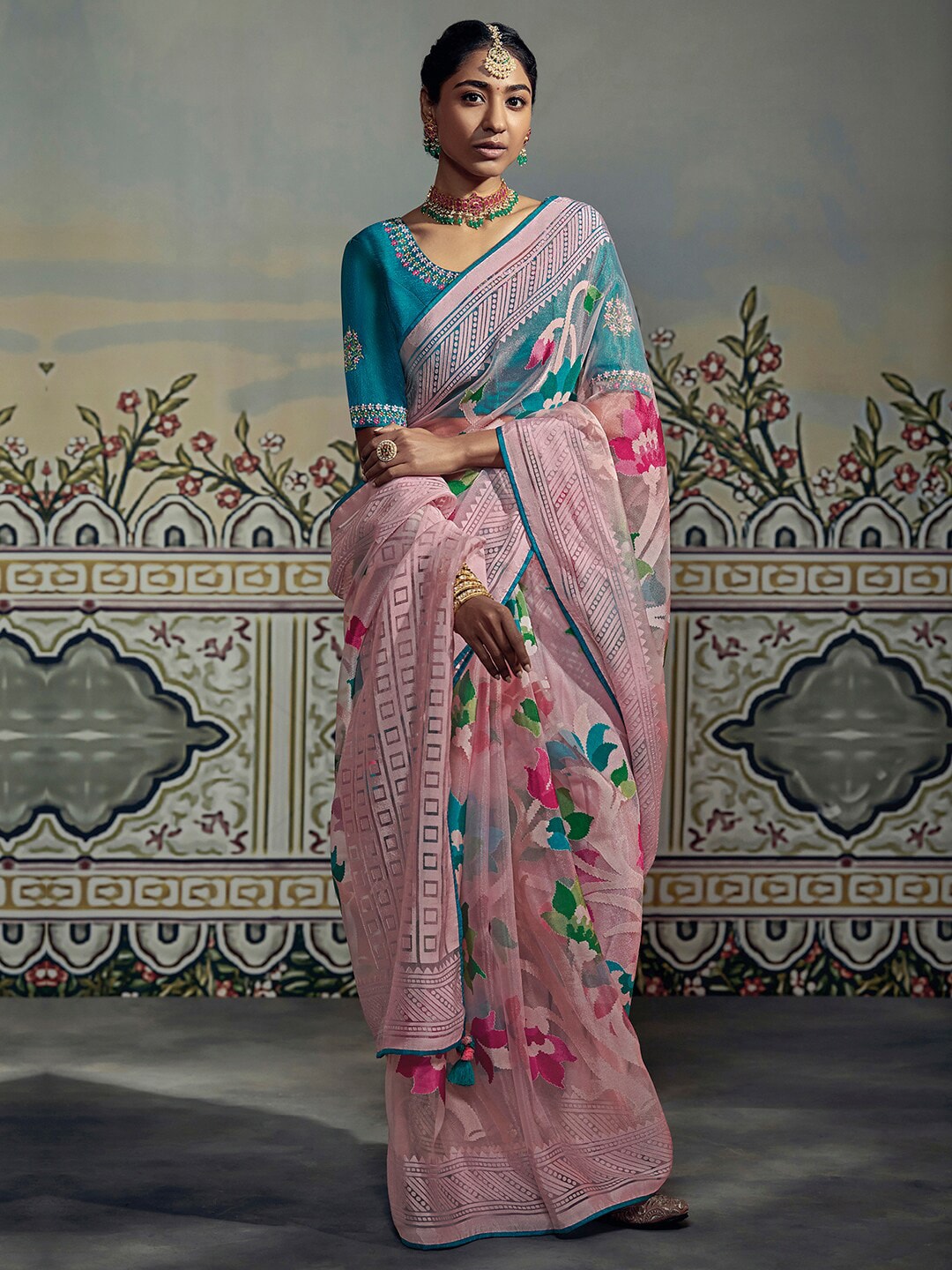 Mitera Pink & Blue Woven Design Brasso Chanderi Saree - Distacart