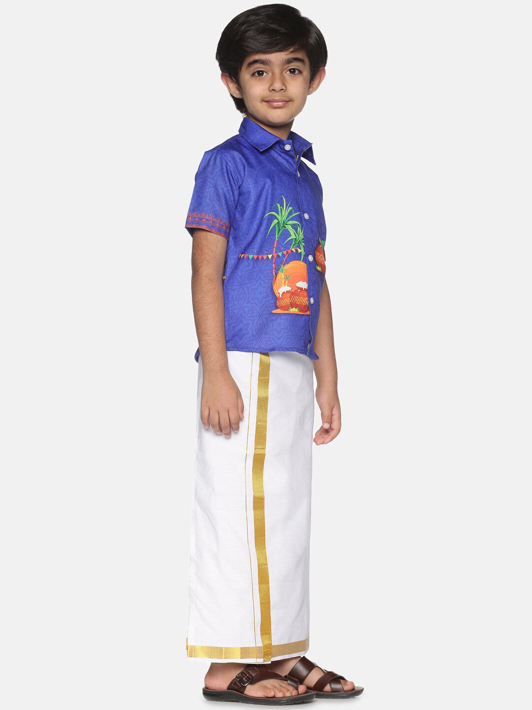 Sethukrishna Boys Blue & White Printed Shirt With Pure Cotton Dhoti Set - Distacart