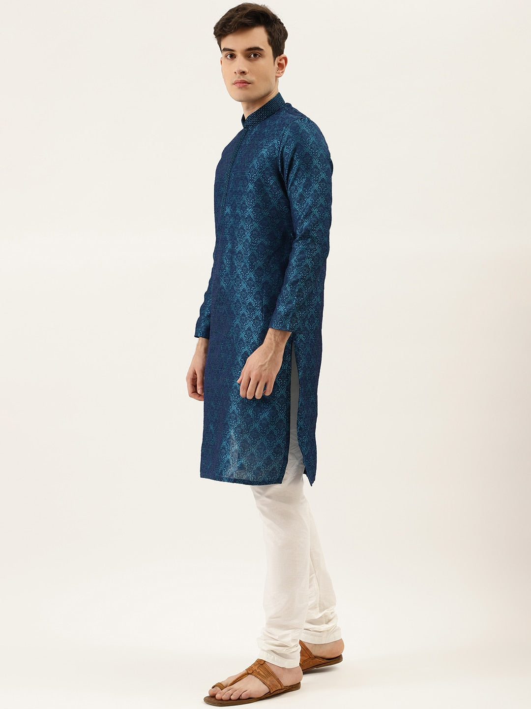 Manyavar Men Blue & White Self Design Kurta with Churidar - Distacart