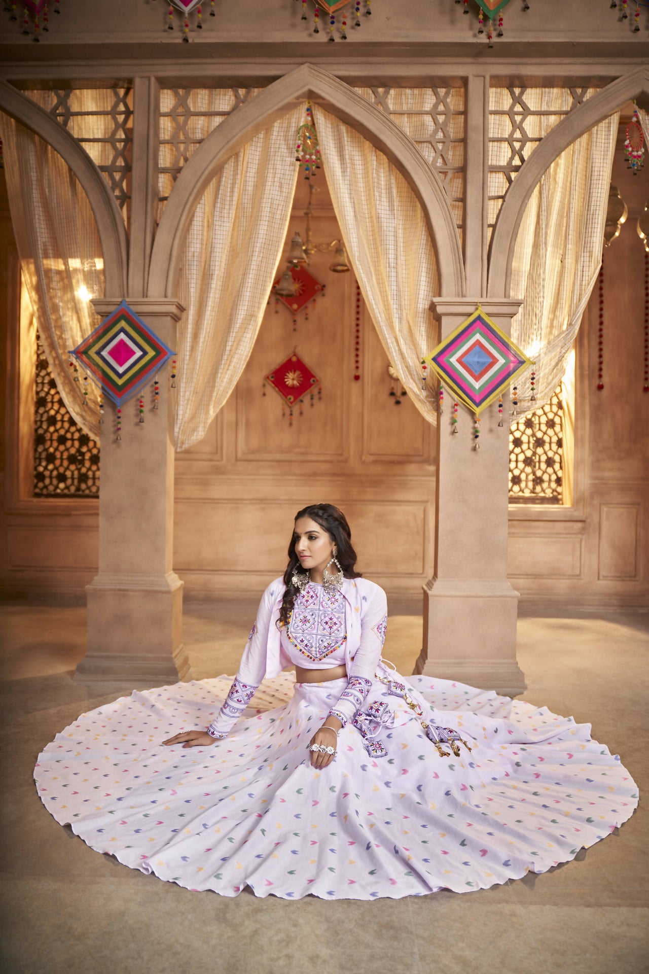 Lavender Cotton Jacquard Weaving Fabric Navratri Lehenga Choli With Dupatta - Raas - Distacart