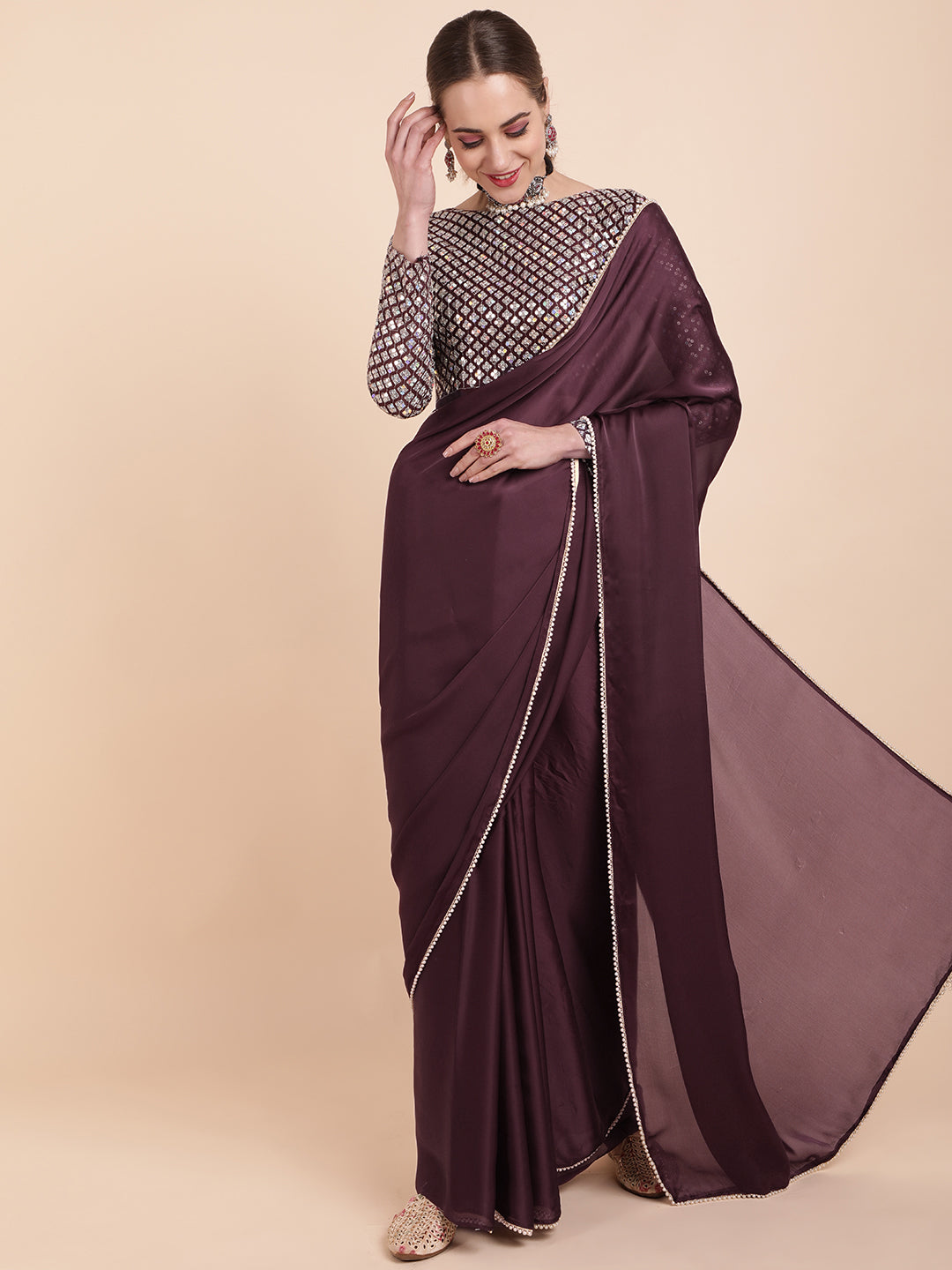 Sangria Burgundy Sequinned Satin Saree - Distacart