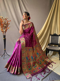 Thumbnail for Mitera Purple & Blue Ethnic Motif Woven Design Zari Paithani Saree - Distacart