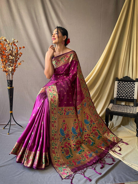 Mitera Purple & Blue Ethnic Motif Woven Design Zari Paithani Saree - Distacart