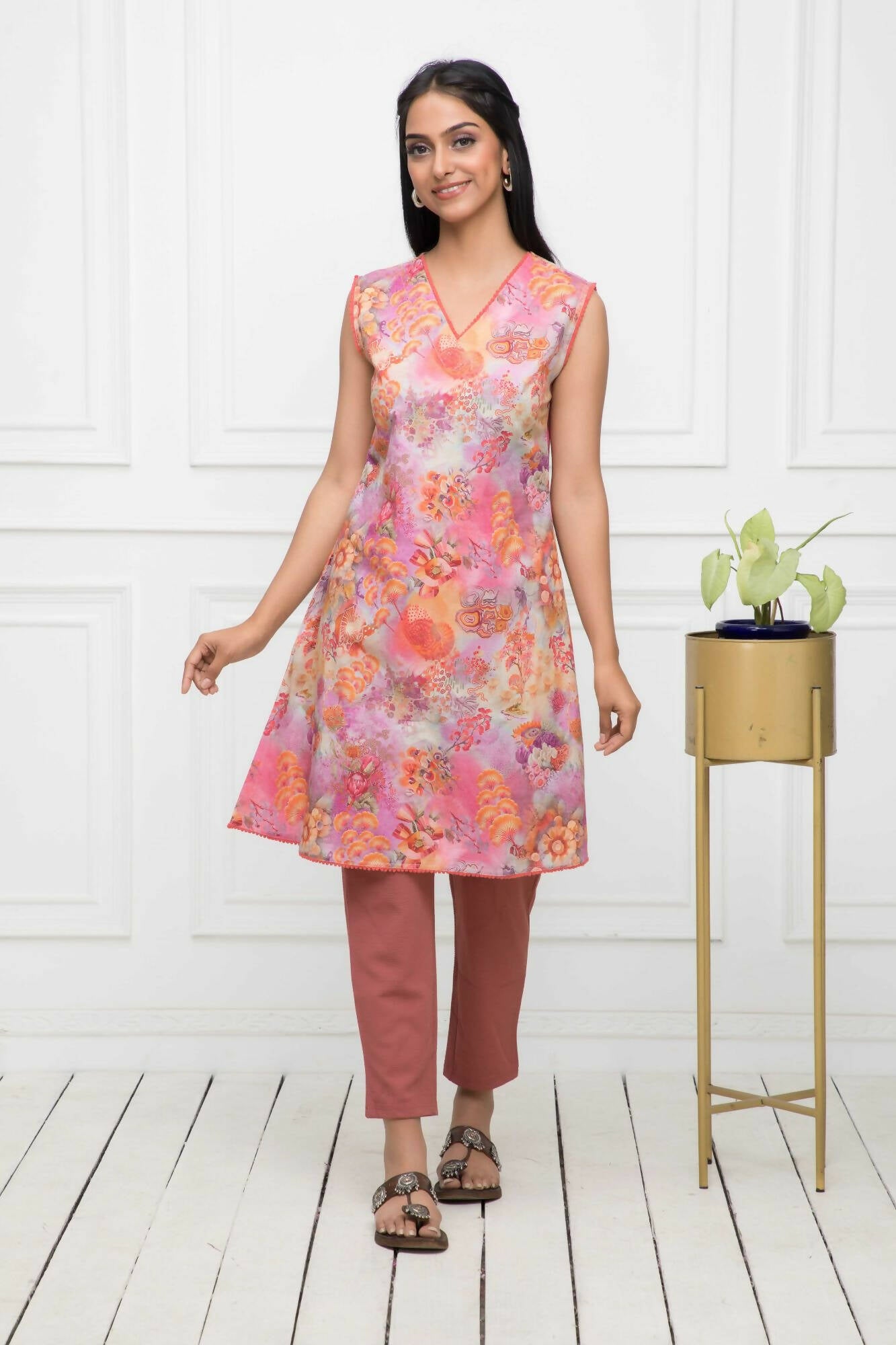 Myshka Women Multi-Floral Rayon A-Line V-Neck Kurtis - Distacart