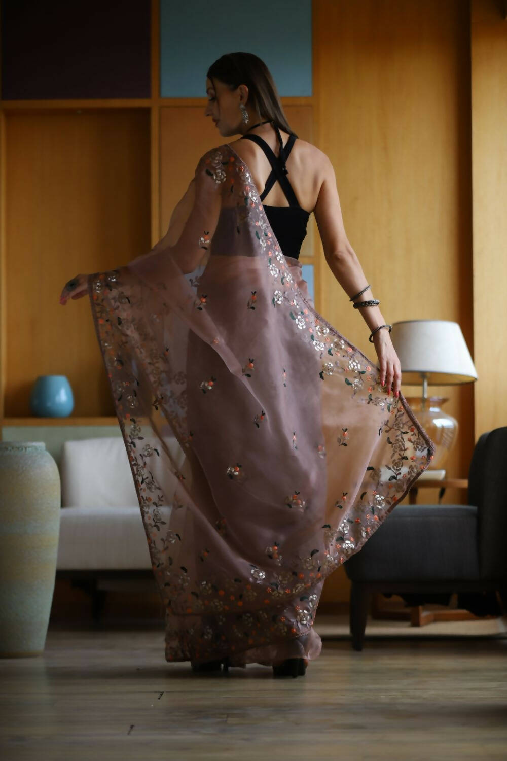 Vamsee Brown Organza Saree - Distacart