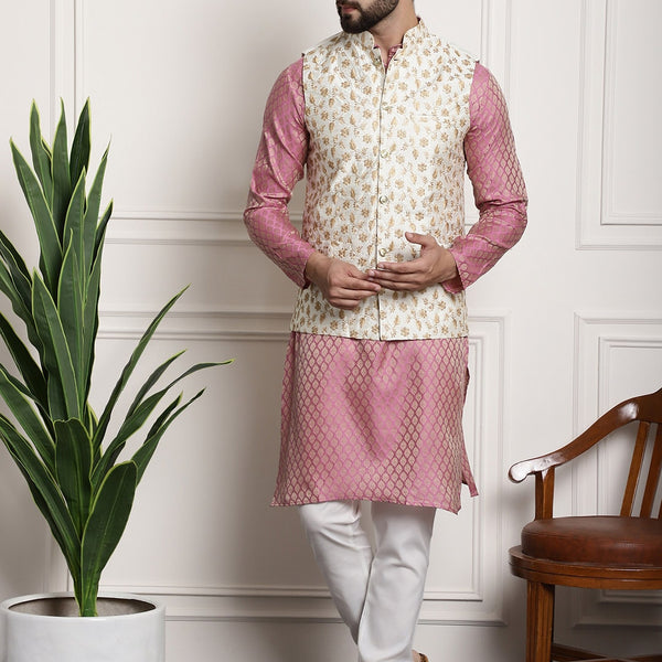 Sojanya Men Pink Ethnic Motifs Kurta with Pyjamas & Nehru Jacket - Distacart