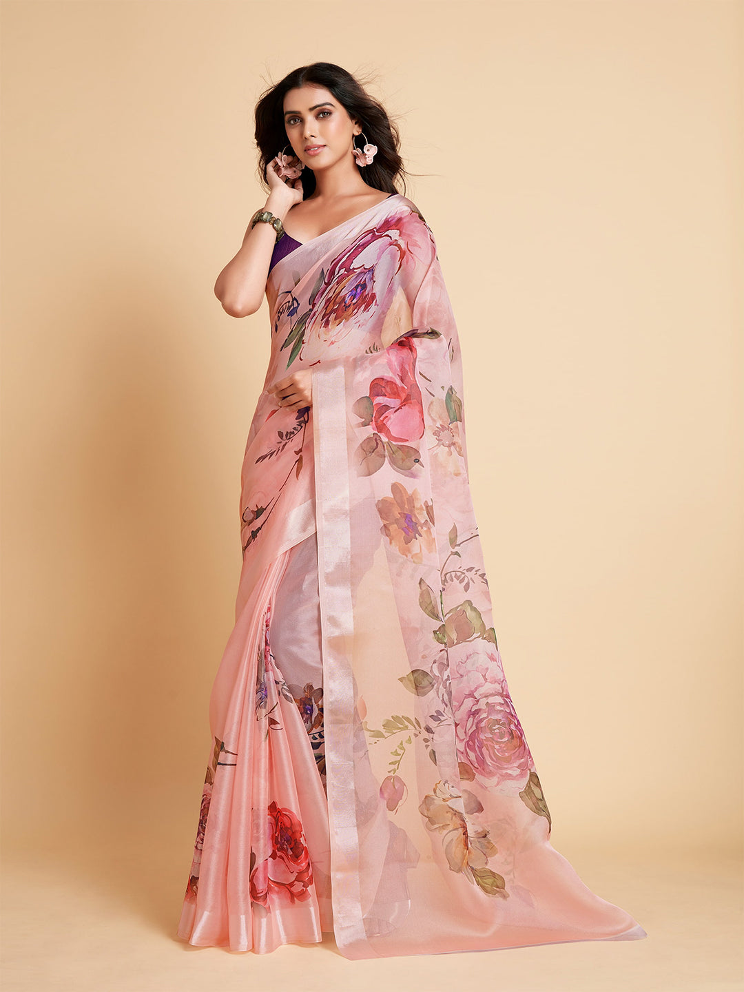 Sangria Peach-Coloured & Purple Floral Organza Saree - Distacart