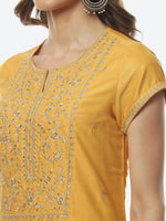 Thumbnail for Biba Women Mustard Yellow Floral Embroidered Kurta with Trousers & With Dupatta - Distacart