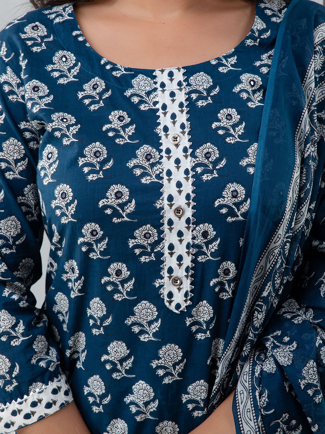 Kalini Women Blue Floral Printed Gotta Patti Pure Cotton Kurta with Trousers & With Dupatta - Distacart