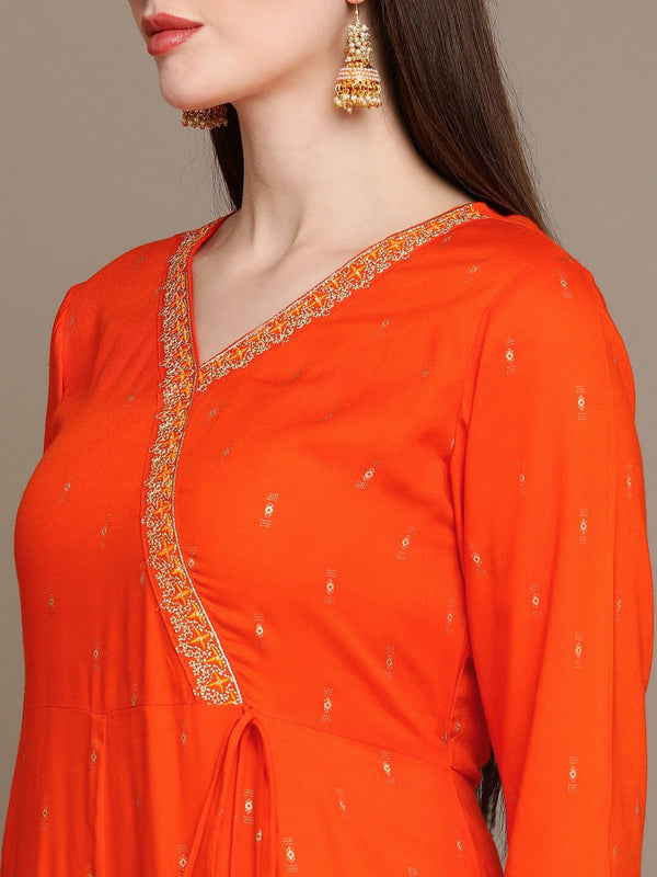 HERE&NOW Ethnic Motifs Printed Thread Work Angrakha Kurta with Palazzos & Dupatta - Distacart