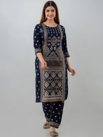 Thumbnail for HERE&NOW Navy Blue Ethnic Motifs Printed Kurta with Trousers - Distacart