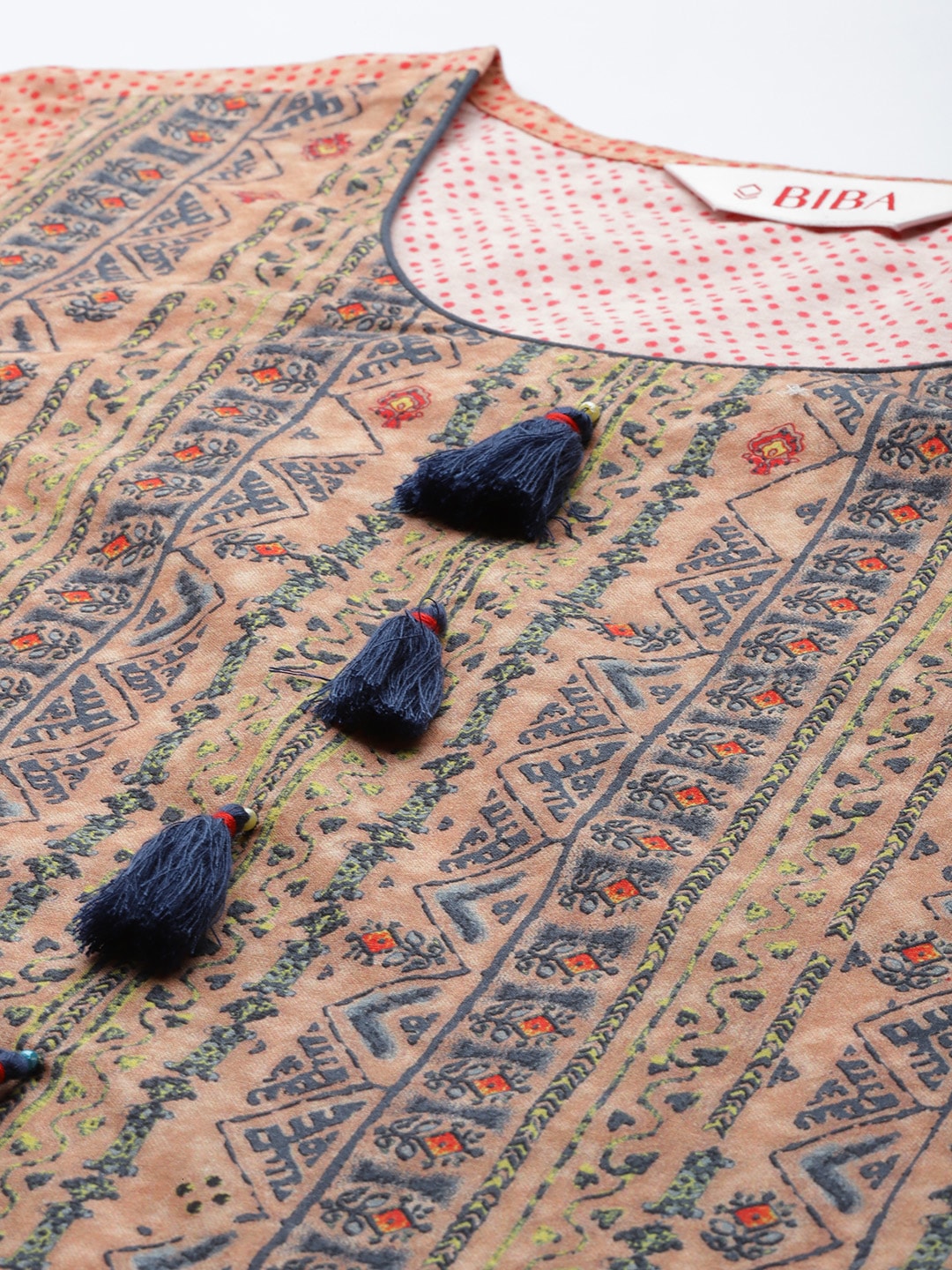 Biba Women Peach-Coloured & Blue Ethnic Motif Printed Kurta - Distacart