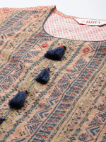 Thumbnail for Biba Women Peach-Coloured & Blue Ethnic Motif Printed Kurta - Distacart