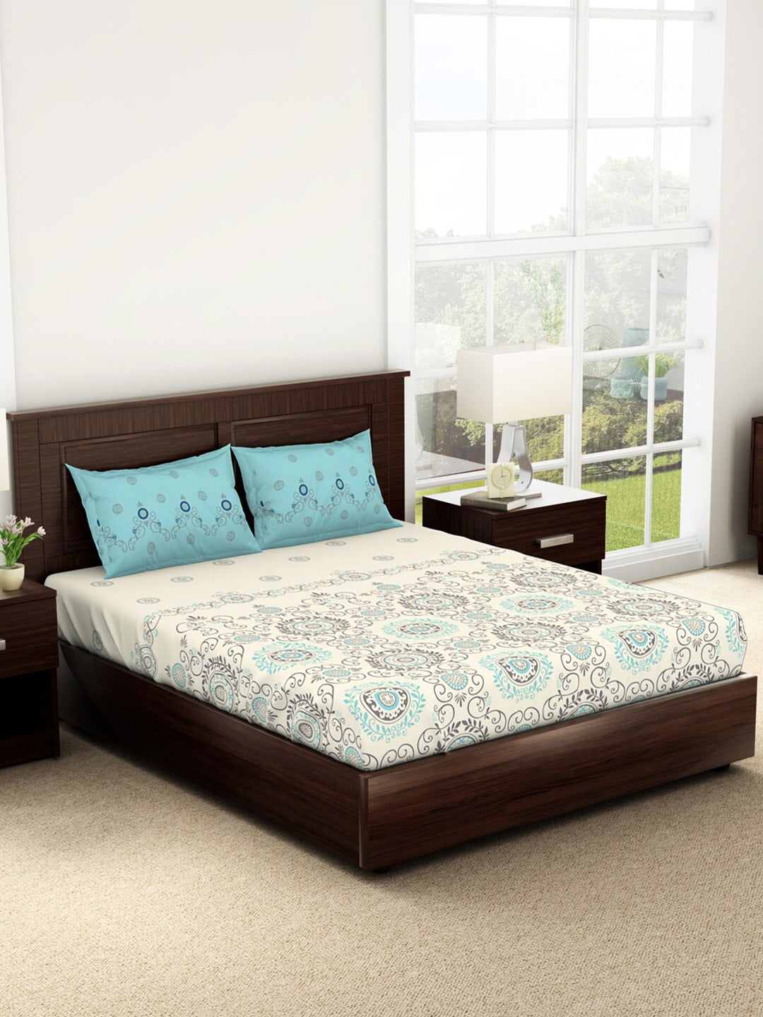 SPACES Reagalis Cream Ethnic Motifs 140 TC Cotton Queen Bedsheet & 2 Pillow Covers - Distacart