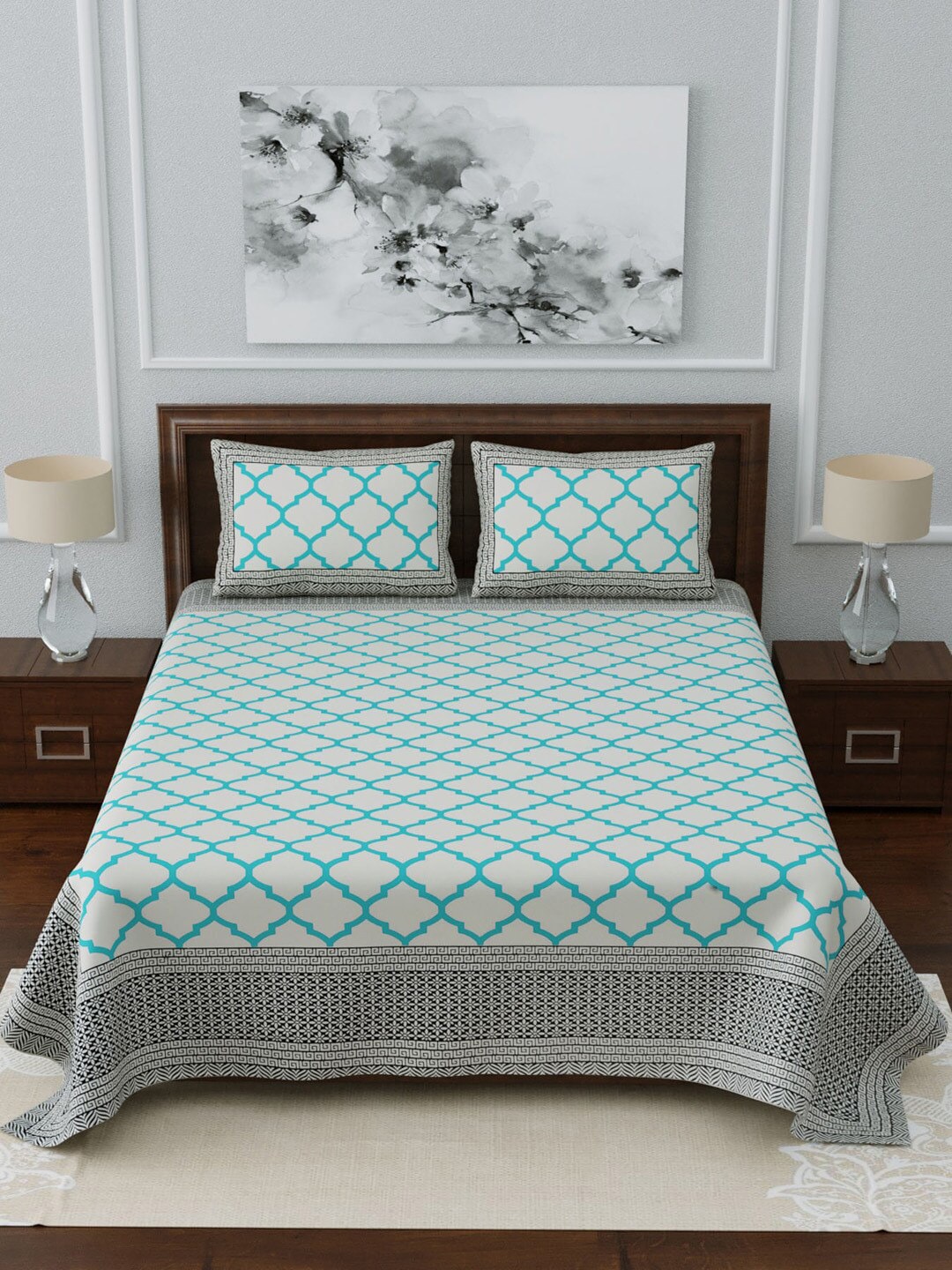 LIVING ROOTS White & Blue Printed 210 TC 1 King Jaipuri Bedsheet With 2 Pillow Covers - Distacart