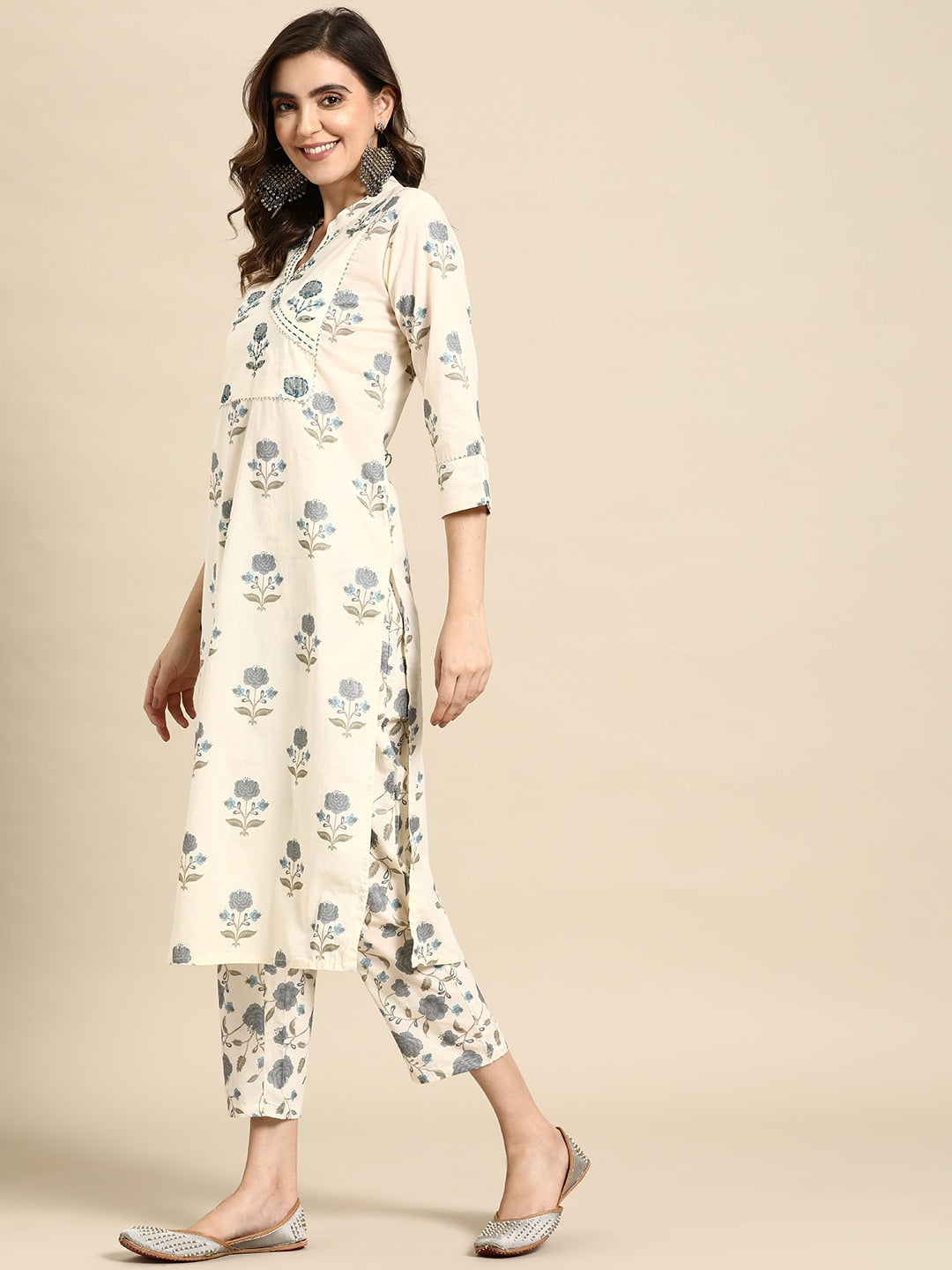 Sangria Floral Printed Angrakha Sequinned Pure Cotton Kurta With Trousers - Distacart