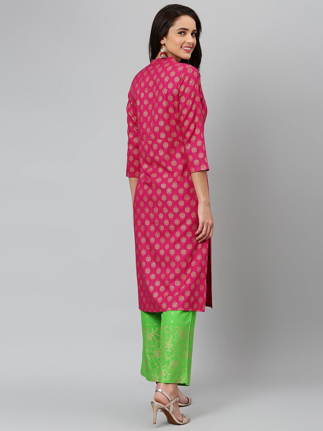 Khushal K Women Pink & Green Printed Kurta with Palazzos - Distacart