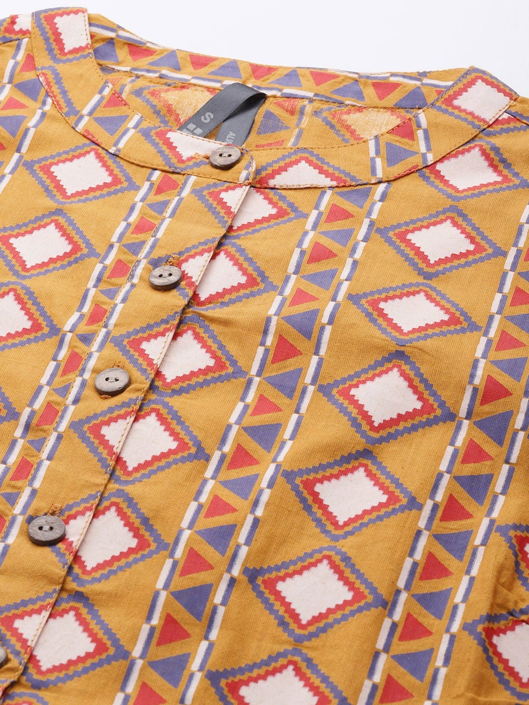 HERE&NOW Women Mustard Yellow & Cream Pure Cotton Geometric Printed Kurta - Distacart