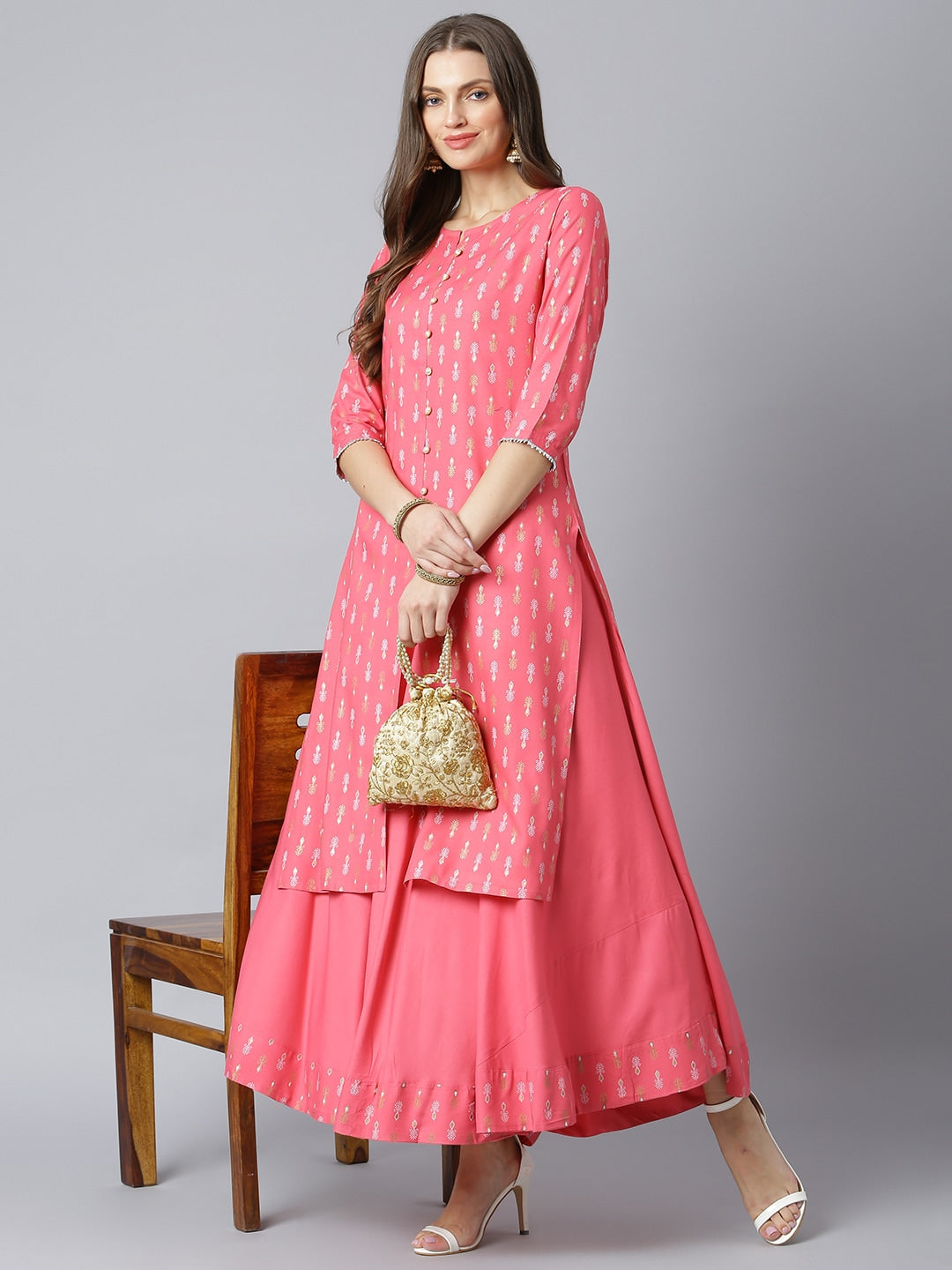 Khushal K Women Pink & White Printed Kurta with Solid Flared Maxi Skirt - Distacart