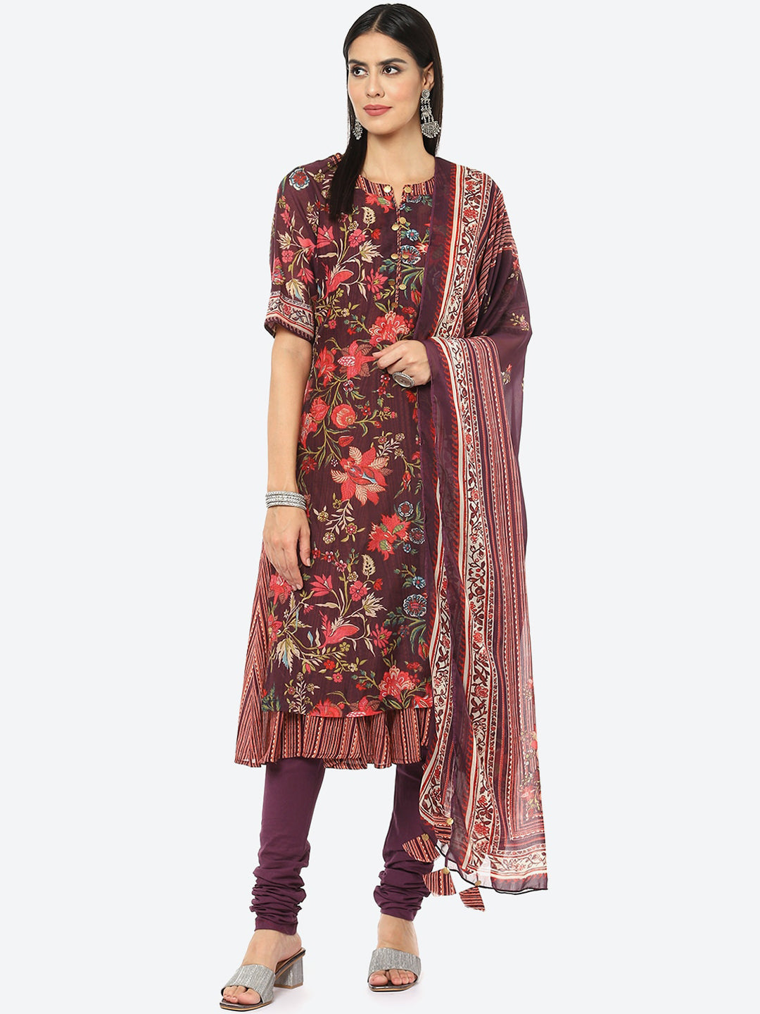 Biba Women Plus size Maroon Floral Printed Layered Kurta with Churidar & Dupatta - Distacart