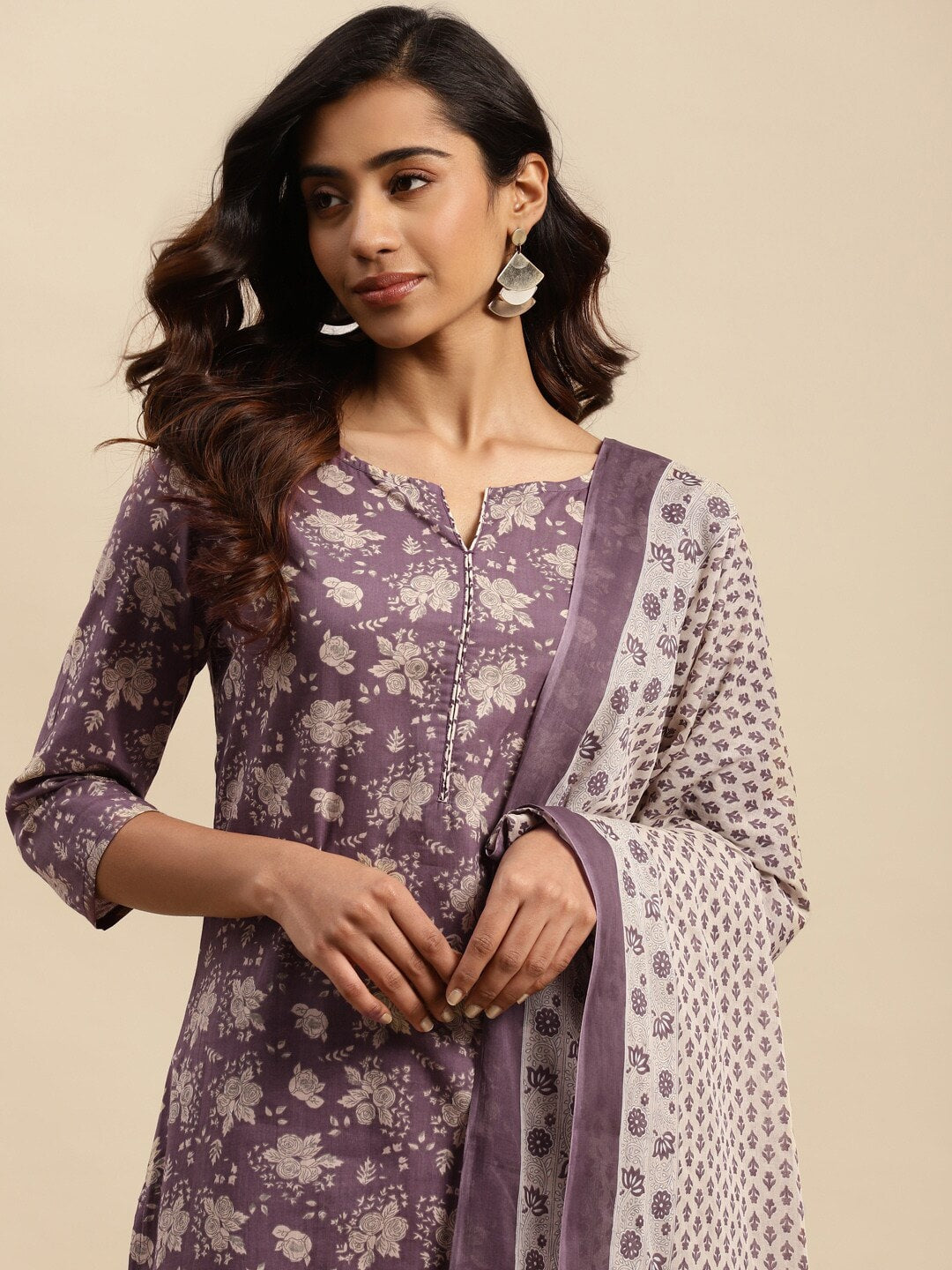 Sangria Maroon Floral Printed Pure Cotton Kurta With Trouser & Dupatta - Distacart