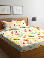 Thumbnail for KLOTTHE White & Yellow Printed 300 TC Double King Fitted Bedsheet With 2 Pillow Covers - Distacart