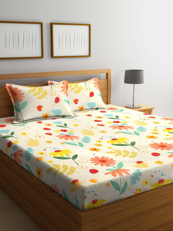 KLOTTHE White & Yellow Printed 300 TC Double King Fitted Bedsheet With 2 Pillow Covers - Distacart