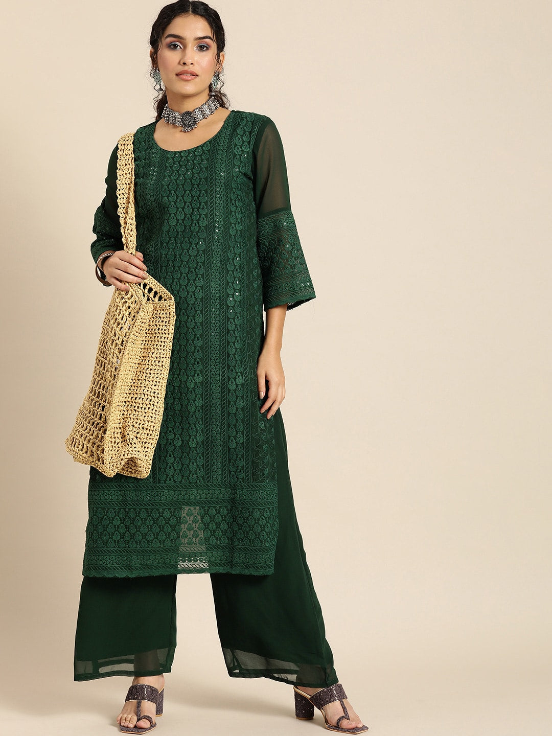 Sangria Women Green Ethnic Motifs Chikankari Kurta with Palazzos - Distacart