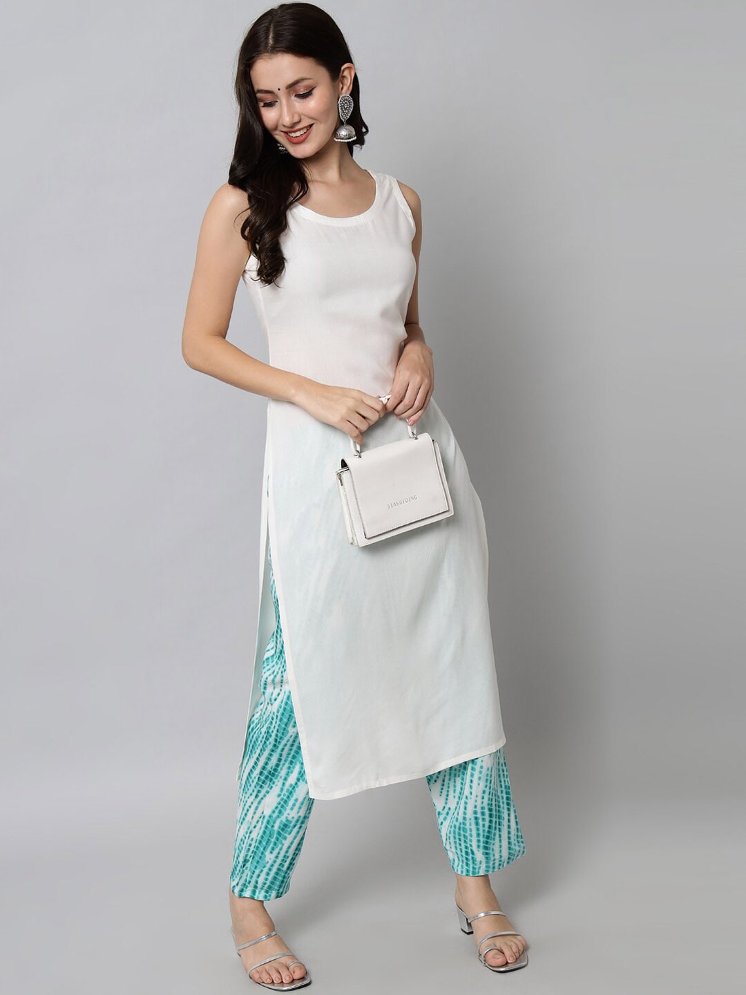 Kalini Women White & Blue Viscose Rayon Straight Kurta with Trousers - Distacart
