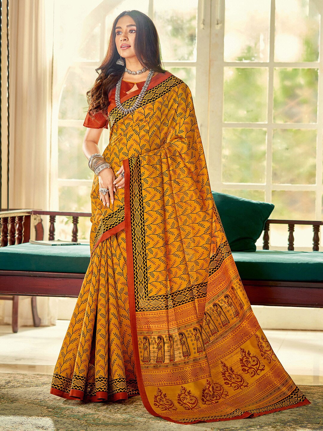 Saree Mall Mustard & Maroon Ethnic Motifs Printed Bhagalpuri Sarees - Distacart