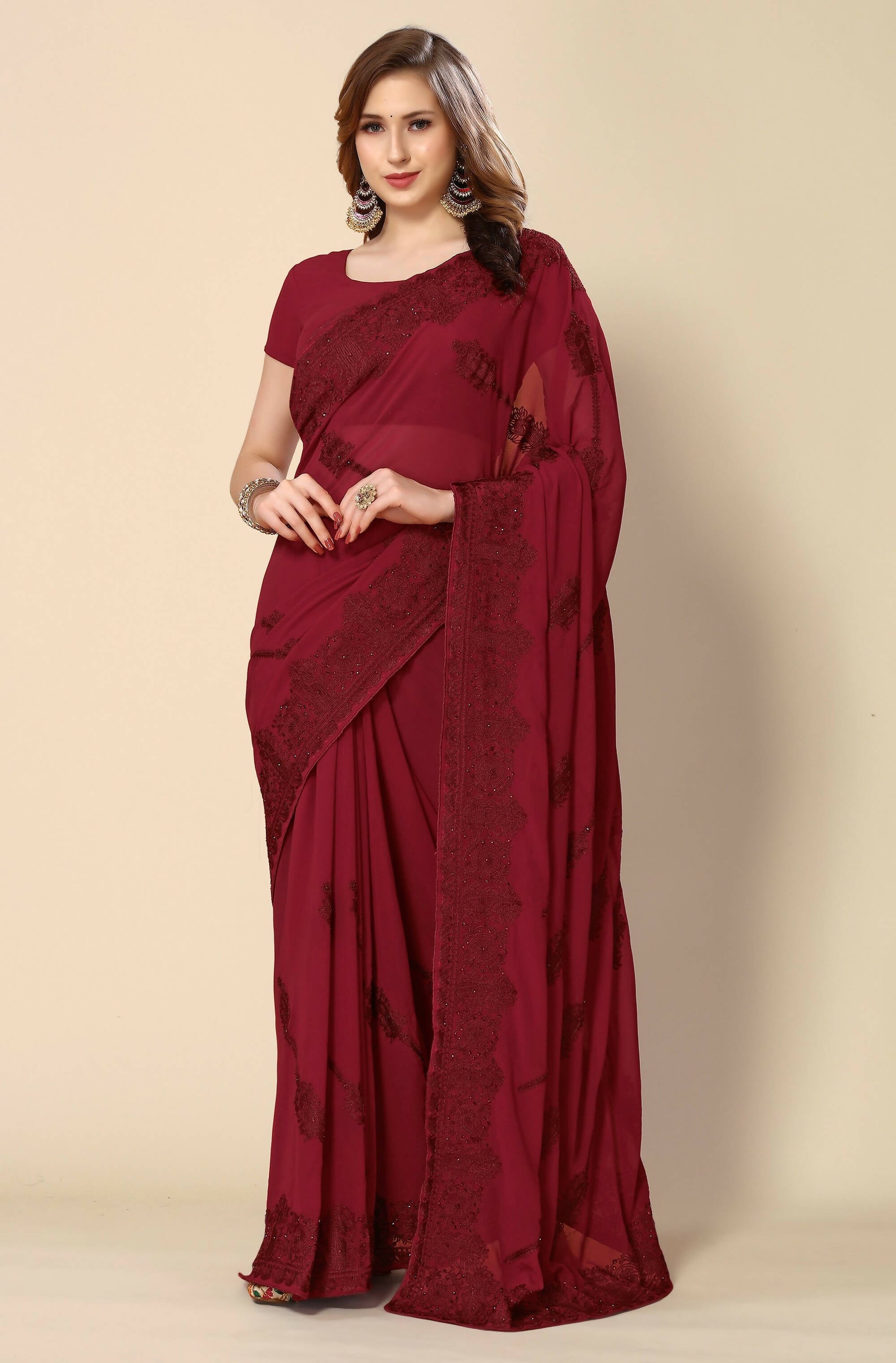 Maroon Georgette Embroidered and Stone Work Saree with Unstitched Blouse Piece - Roozal - Distacart