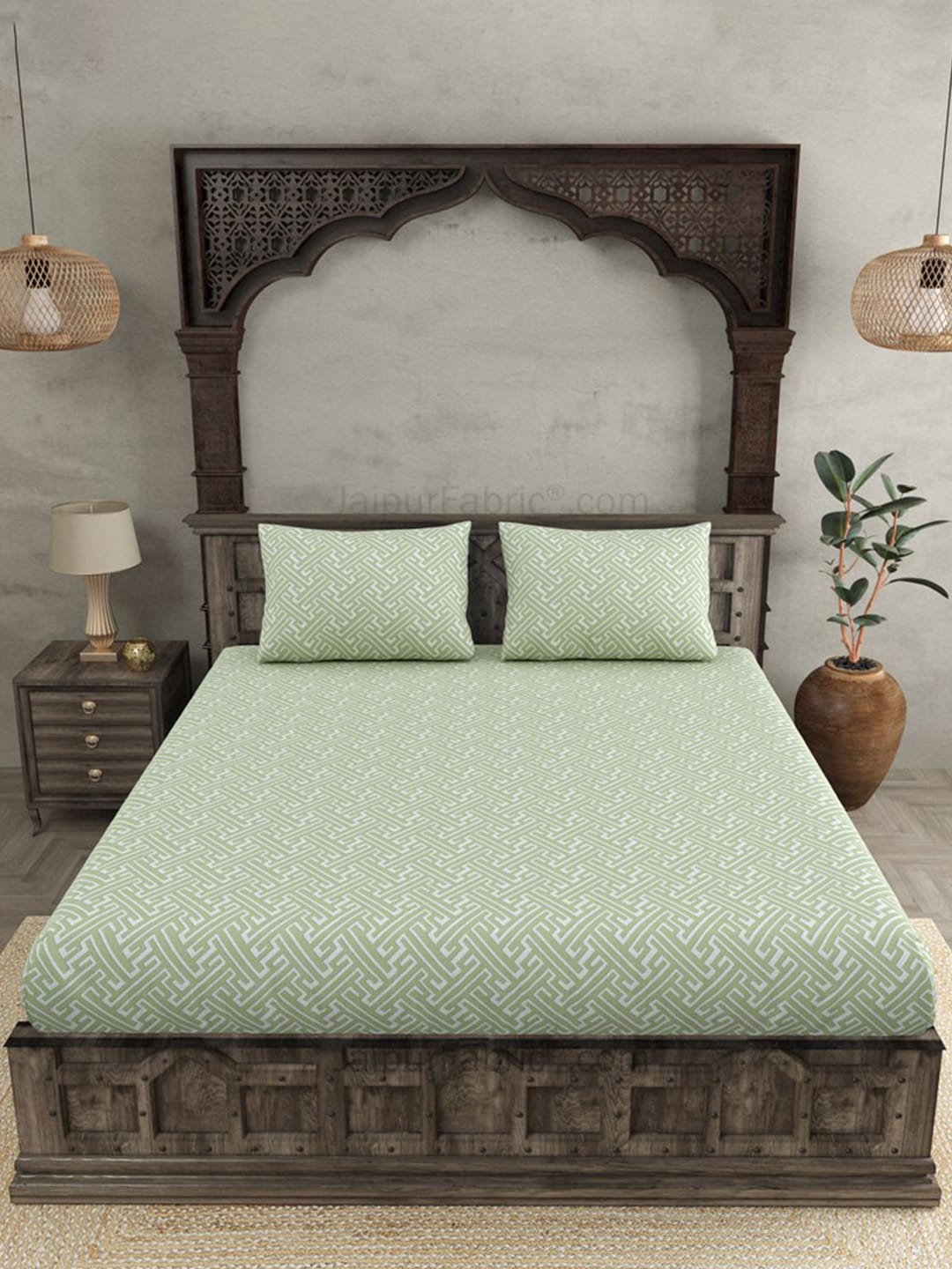 JAIPUR FABRIC Green & White Ethnic Motifs 250 TC Cotton King Bedsheet with 2 Pillow Covers - Distacart