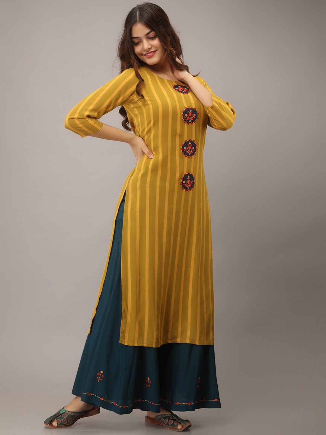 Kalini Women Yellow Embroidered Kantha Work Kurta with Skirt - Distacart