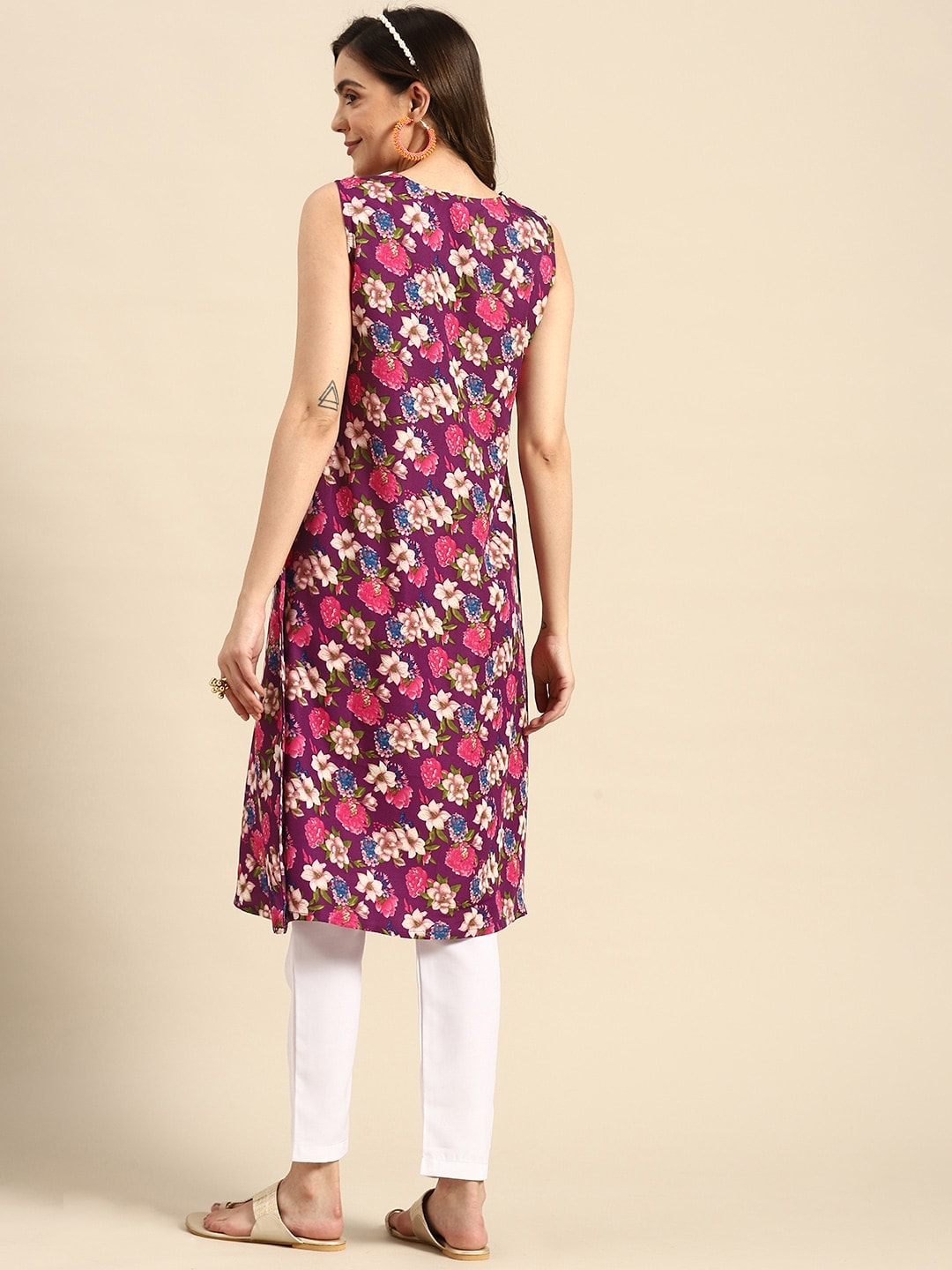 Sangria Women Floral Printed A-Line Sleeveless Kurta - Distacart