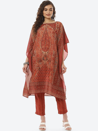 Biba Women Brown Ethnic Motifs Printed Kaftan Kurta with Trousers - Distacart