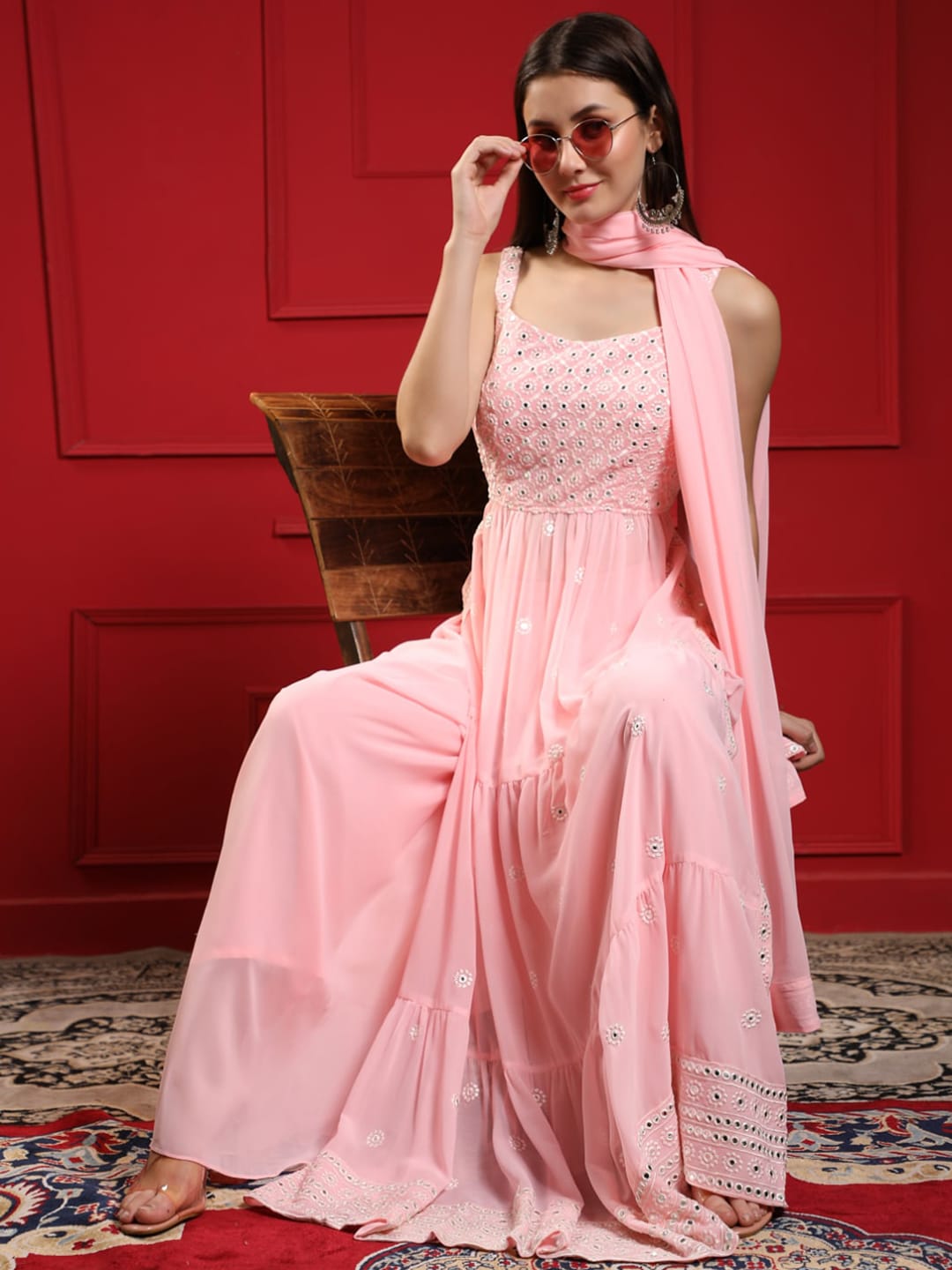 Kalini Women Pink Floral Embroidered Pleated Mirror Work Kurta with Sharara & With Dupatta - Distacart