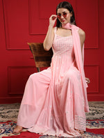 Thumbnail for Kalini Women Pink Floral Embroidered Pleated Mirror Work Kurta with Sharara & With Dupatta - Distacart