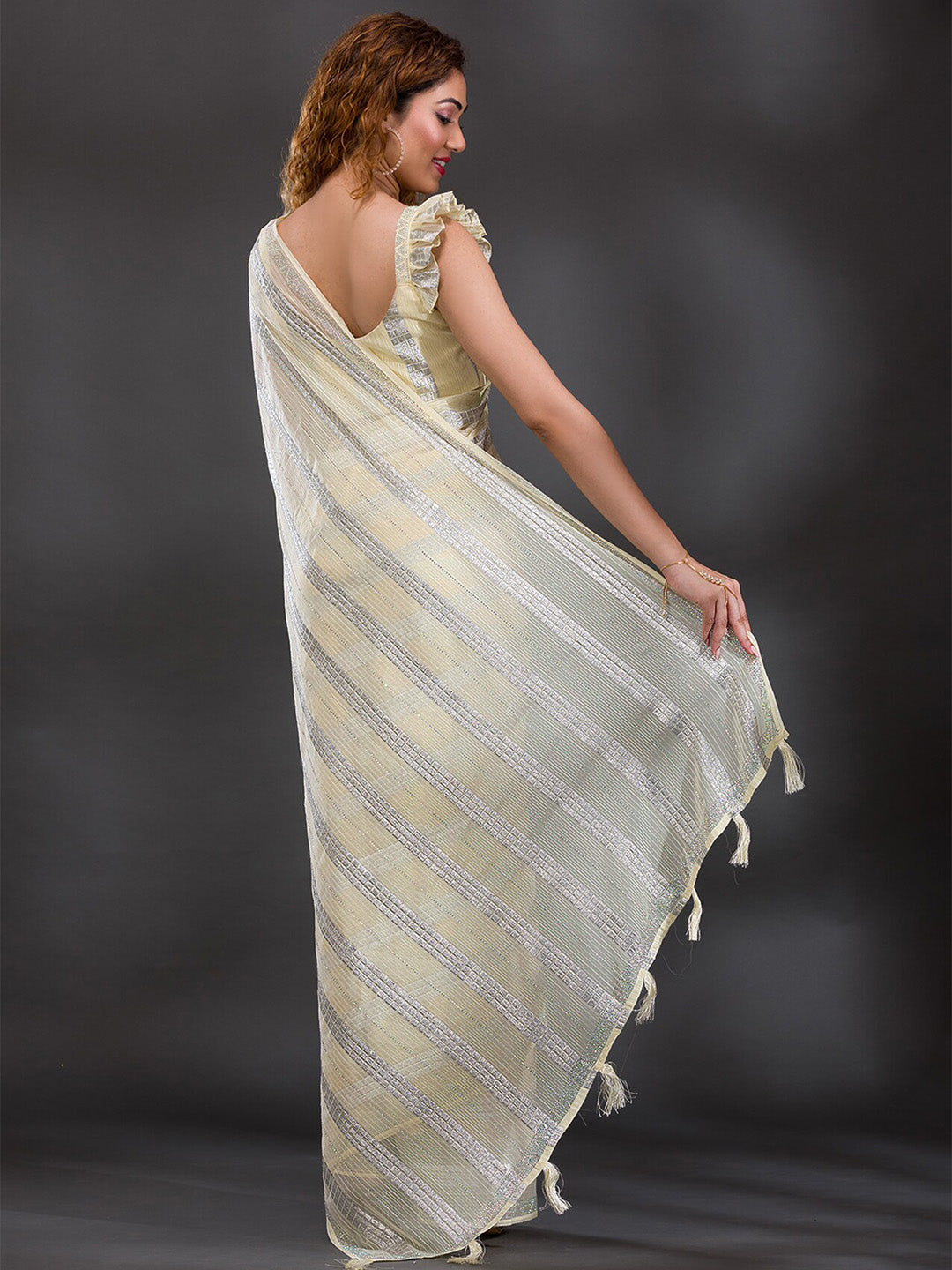 Koskii Striped Beads & Stones Shimmer Saree - Distacart