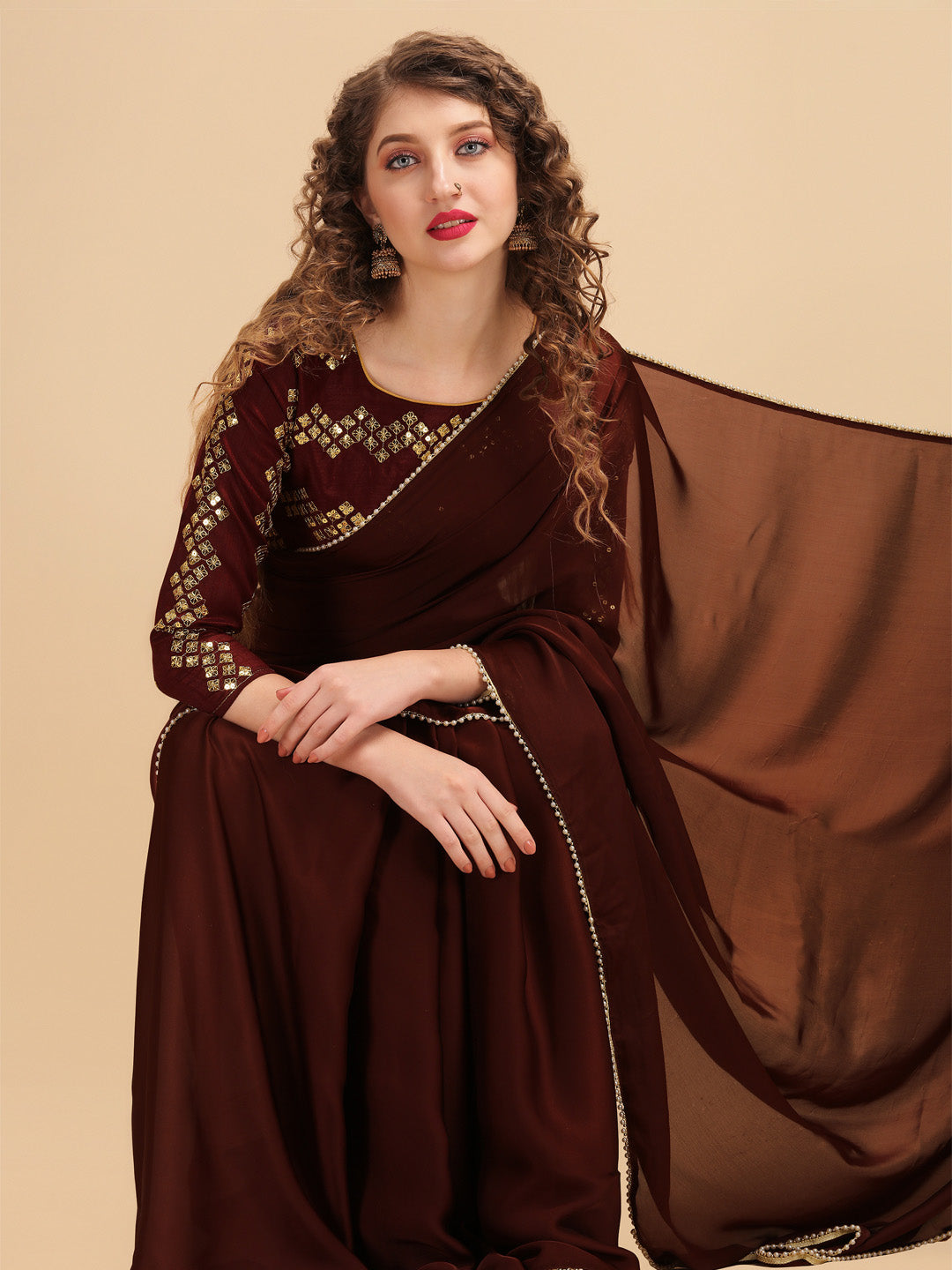 Sangria Coffee Brown & Golden Embroidered Satin Saree - Distacart