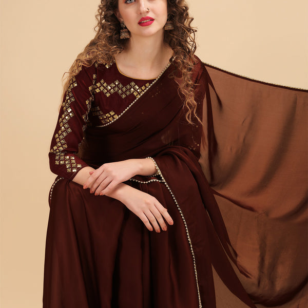Sangria Coffee Brown & Golden Embroidered Satin Saree - Distacart