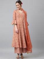 Thumbnail for Khushal K Women Brown Ethnic Motifs Printed Panelled Pure Cotton Kurta with Palazzos & With Dupatta - Distacart