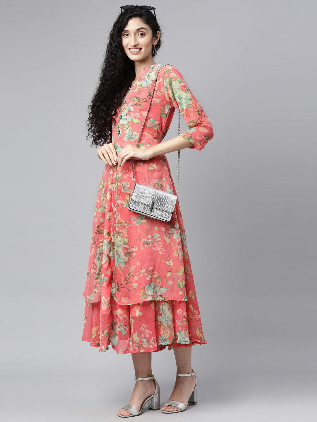 Souchii Women Pink & Green Floral Layered A-Line Midi Dress - Distacart