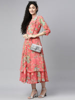Thumbnail for Souchii Women Pink & Green Floral Layered A-Line Midi Dress - Distacart