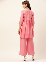 Thumbnail for Sangria Peach-Coloured Zari Gotta Patti Pleated A-Line Pure Cotton Kurti With Palazzo - Distacart
